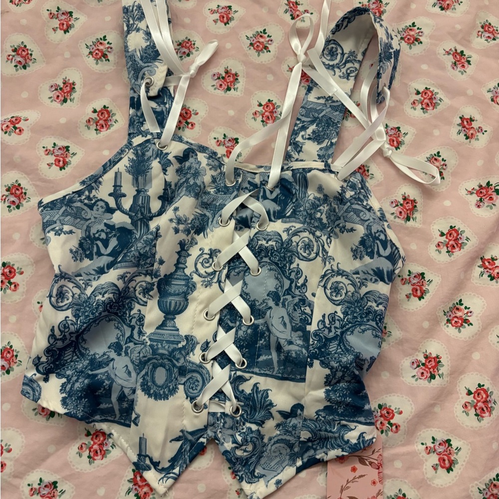 SHEIN Blue and White Asymmetrical Tie Front Crop Top